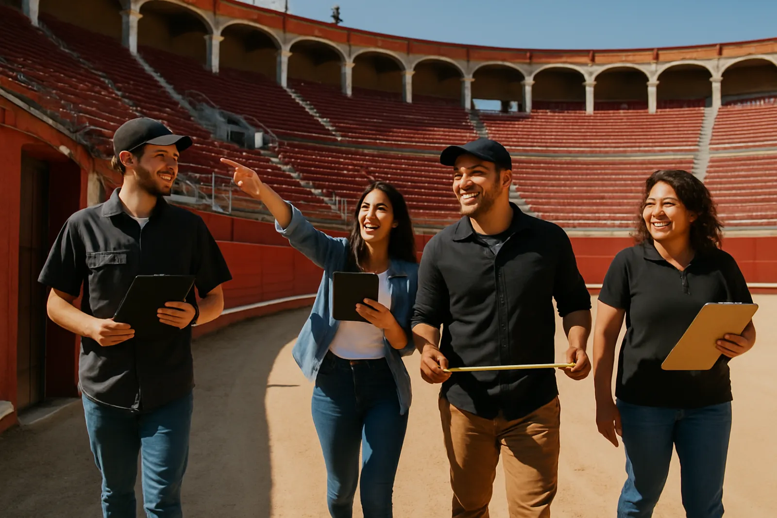 Equipo de producción recorriendo el callejón vacío antes de montar su fecha
